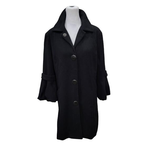 T Tahari Wool Coat Women's Medium Black Button Down‎ Bell Sleeves Whimsigoth - Picture 1 of 14
